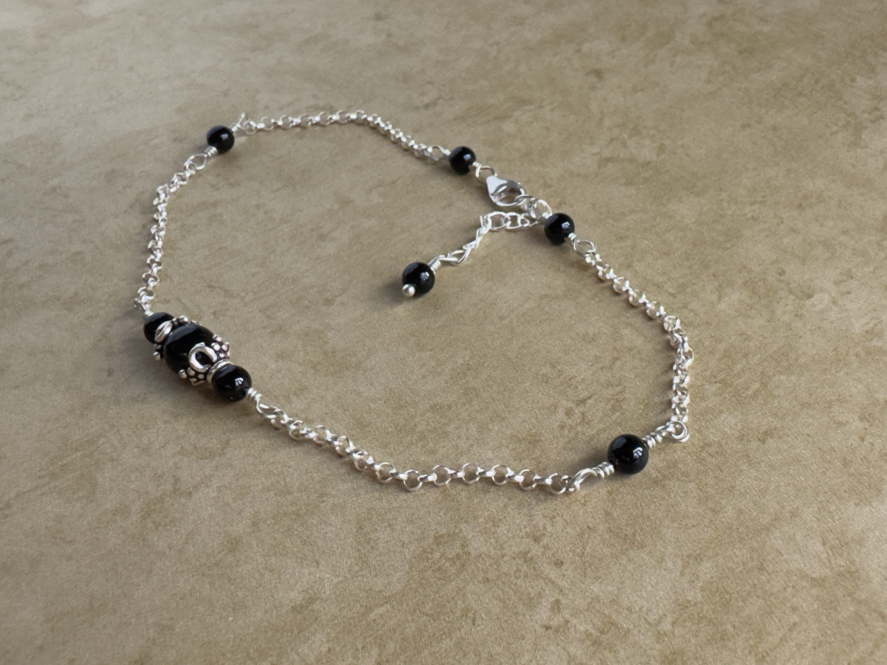 Sterling Silver Black Onyx Flower Chain Anklet