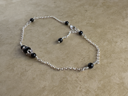 Sterling Silver Black Onyx Flower Chain Anklet