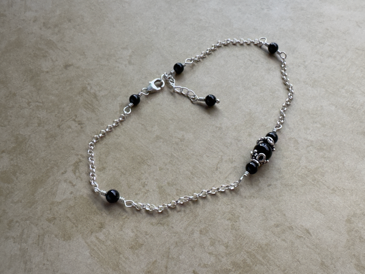 Sterling Silver Black Onyx Flower Chain Anklet