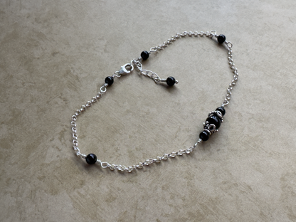 Sterling Silver Black Onyx Flower Chain Anklet