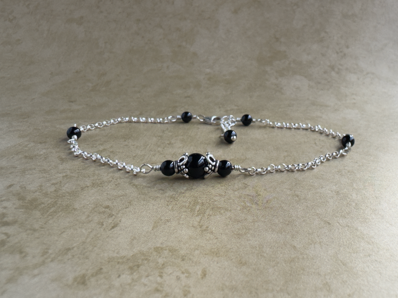 Sterling Silver Black Onyx Flower Chain Anklet