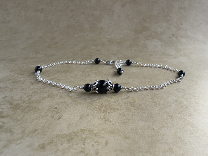 Sterling Silver Black Onyx Flower Chain Anklet