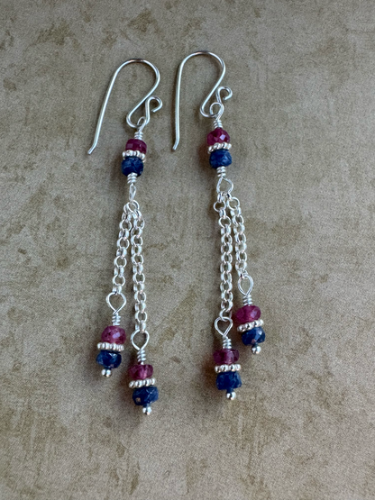 Sterling Silver Blue and Pink Sapphire Double Chain Dangles