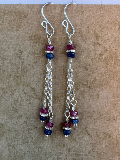Sterling Silver Blue and Pink Sapphire Double Chain Dangles