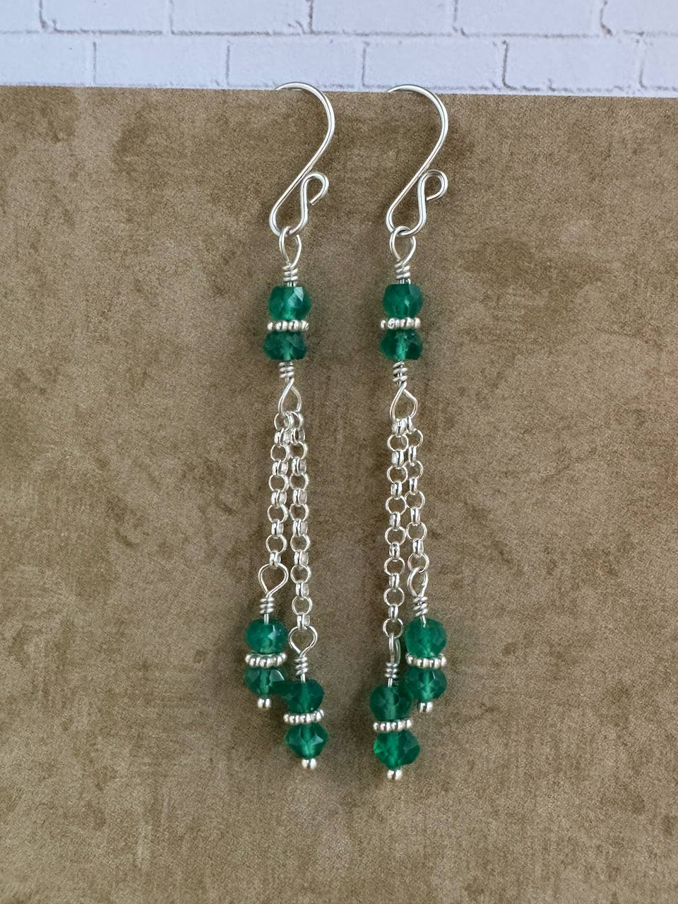 Sterling Silver Green Onyx Double Chain Dangles