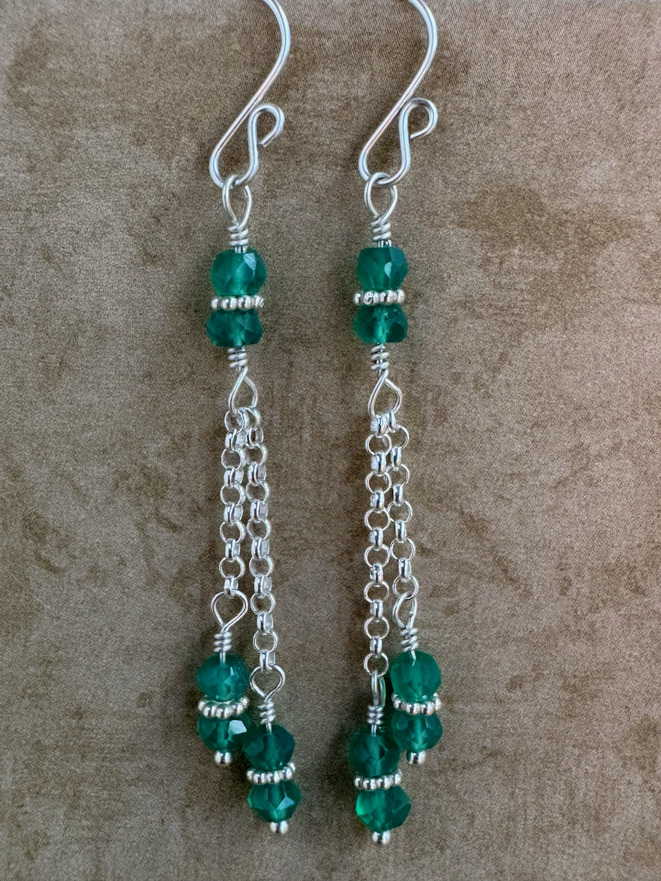 Sterling Silver Green Onyx Double Chain Dangles