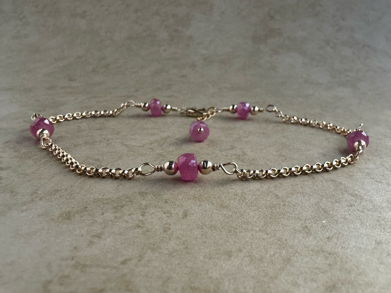 Gold Filled Pink Sapphire Simple Chain Anklet