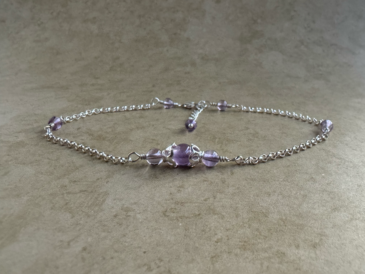 Sterling Silver Light Amethyst Round Chain Anklet