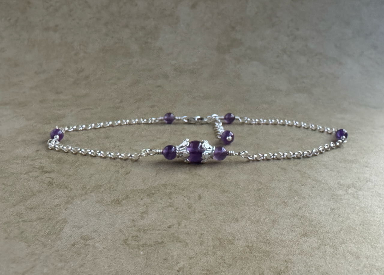 Sterling Silver Amethyst Fancy Chain Anklet