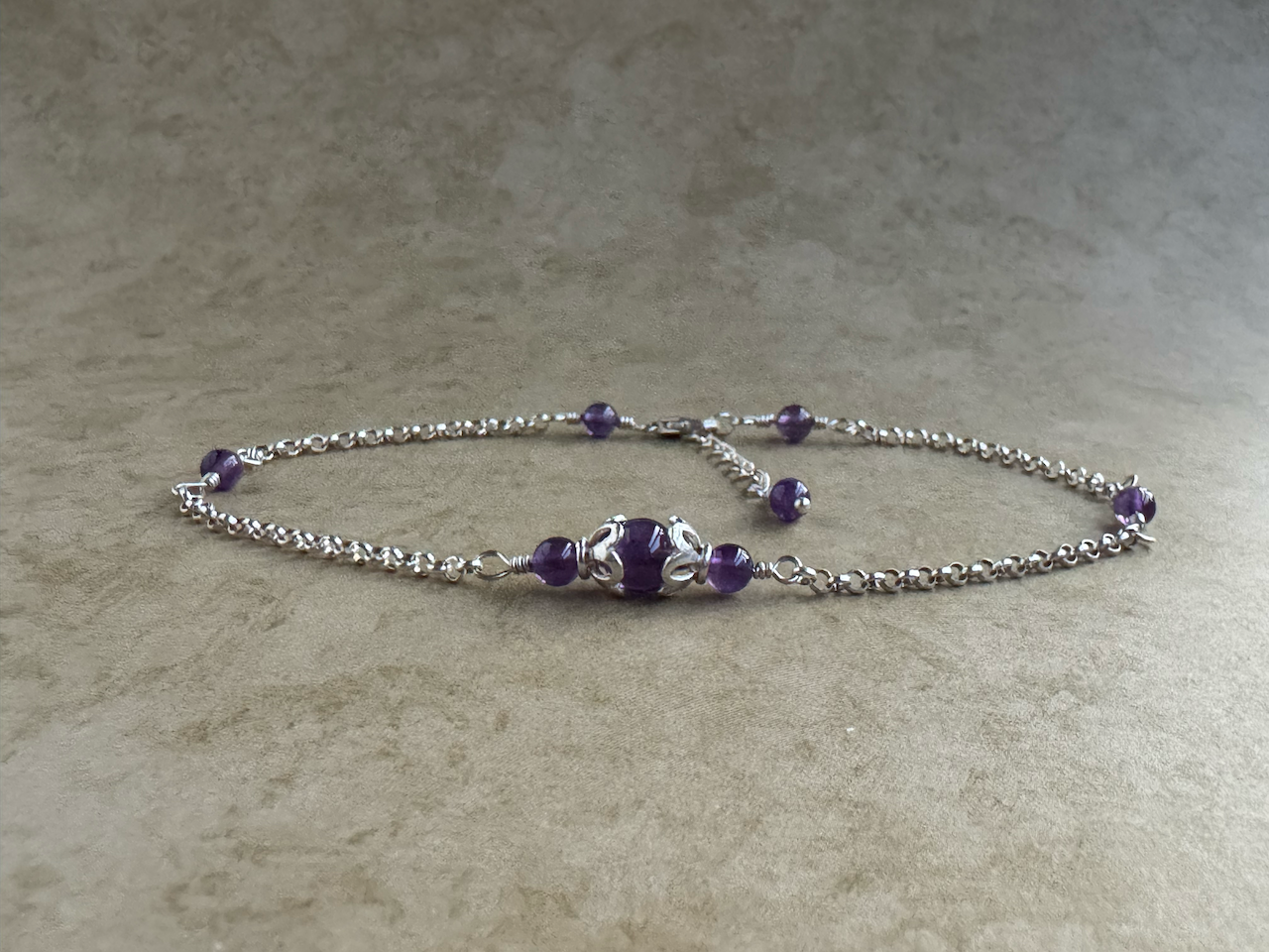 Sterling Silver Amethyst Dark Round Chain Anklet