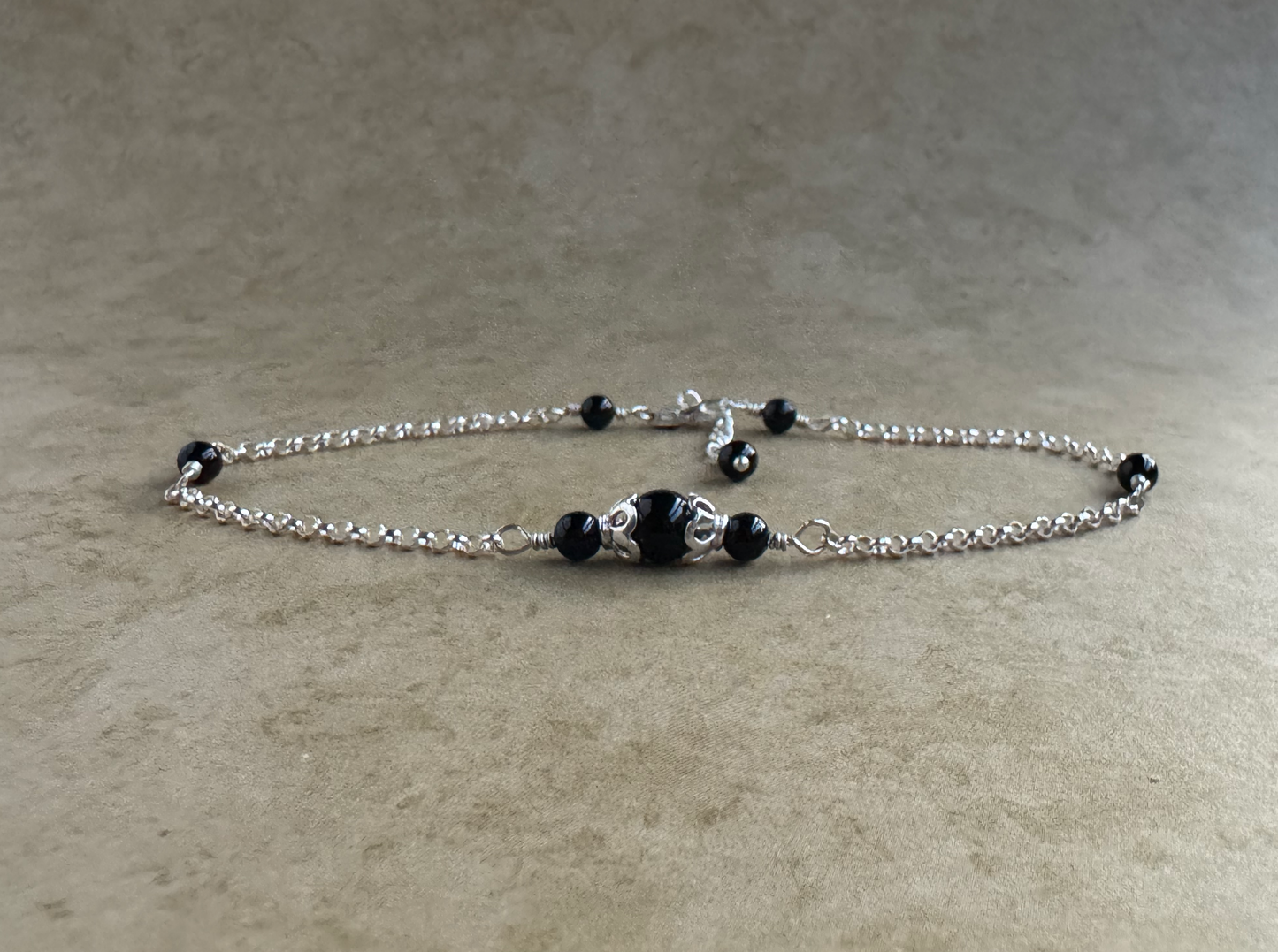 Sterling Silver Black Onyx Round Chain Anklet
