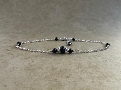 Sterling Silver Black Onyx Round Chain Anklet