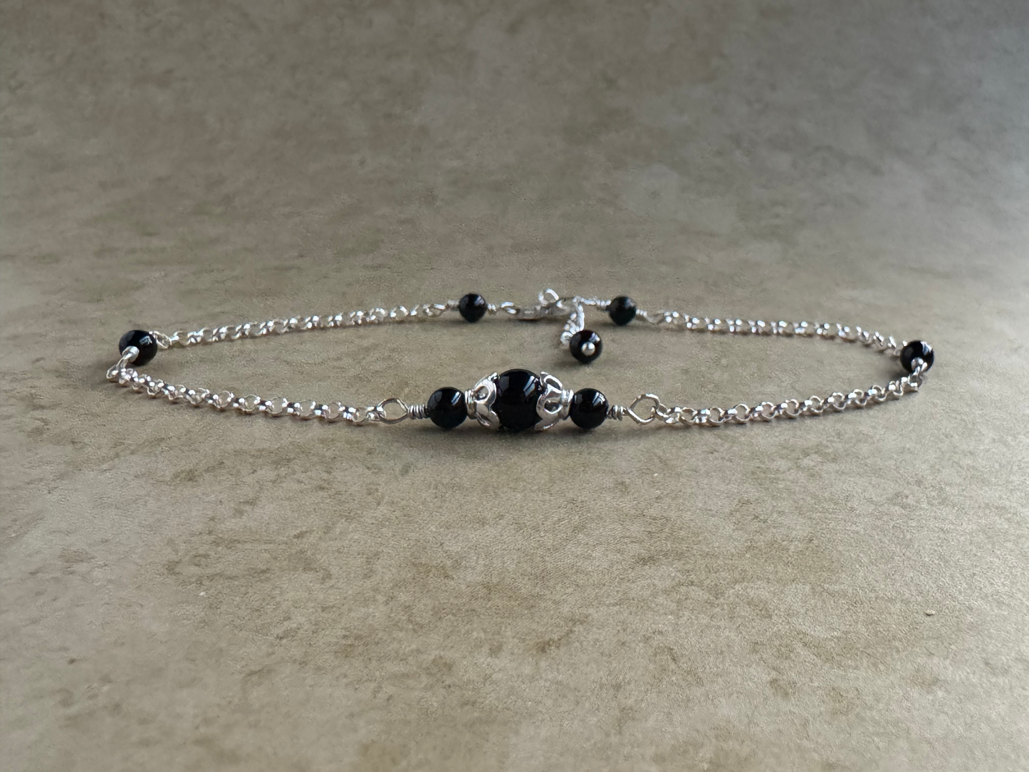 Sterling Silver Black Onyx Round Chain Anklet