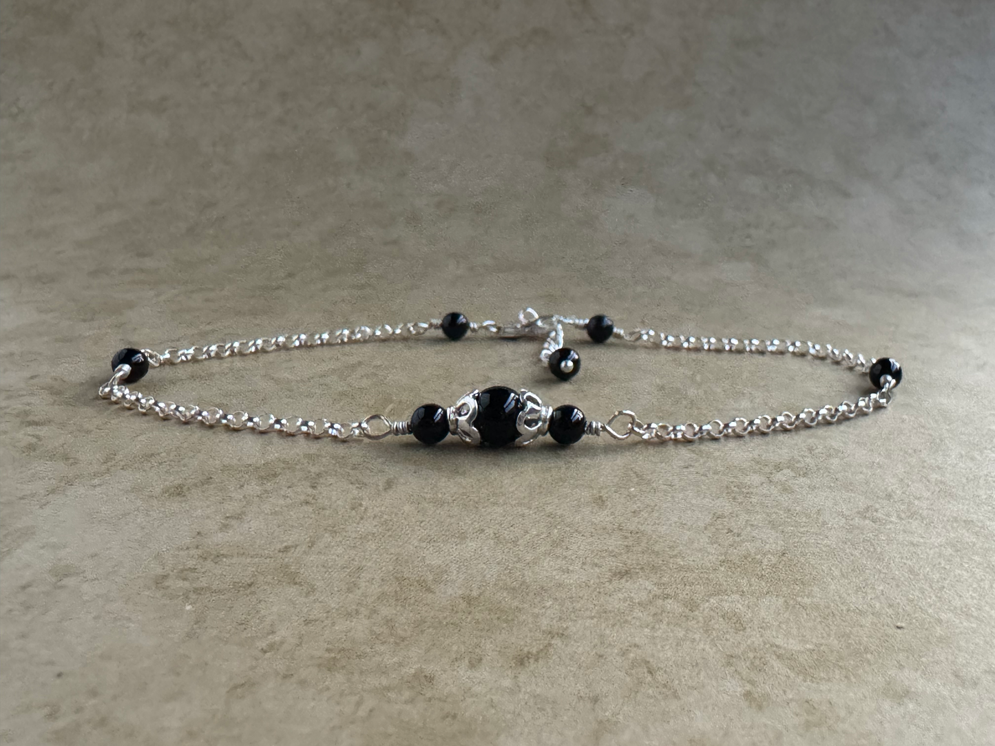 Sterling Silver Black Onyx Round Chain Anklet