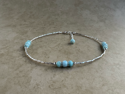Sterling Silver 3 Stone Larimar Beaded Anklet