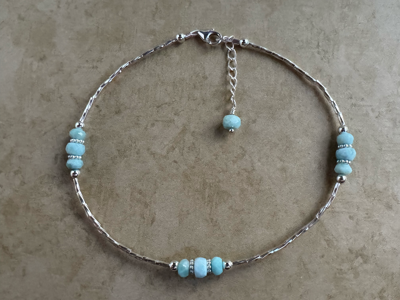 Sterling Silver 3 Stone Larimar Beaded Anklet