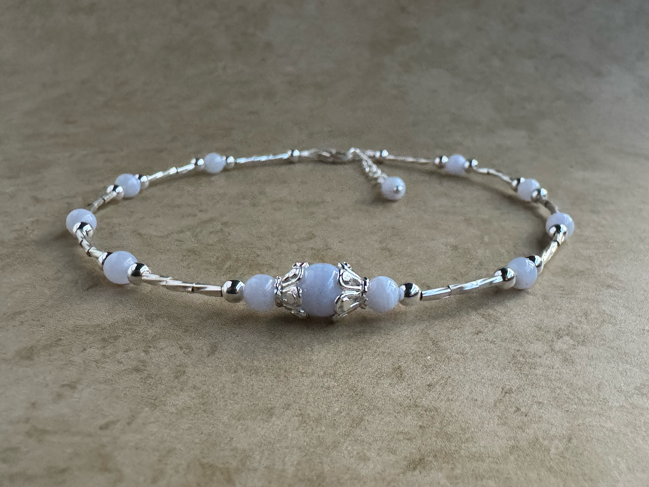 Sterling Silver Blue Lace Agate Beaded Anklet