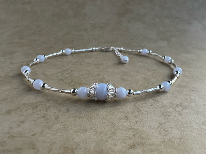 Sterling Silver Blue Lace Agate Beaded Anklet