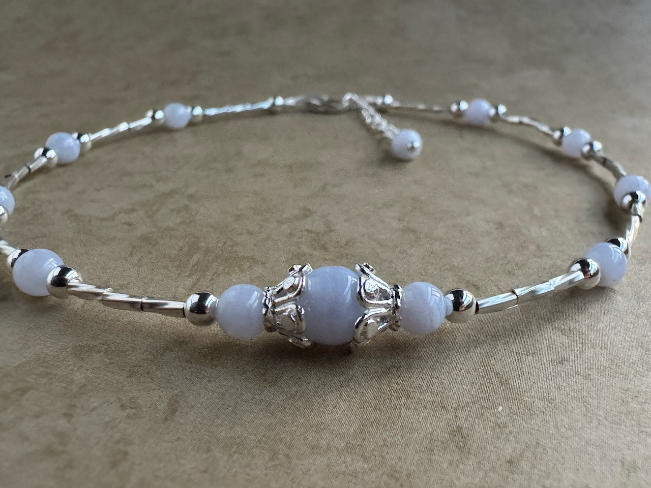 Sterling Silver Blue Lace Agate Beaded Anklet