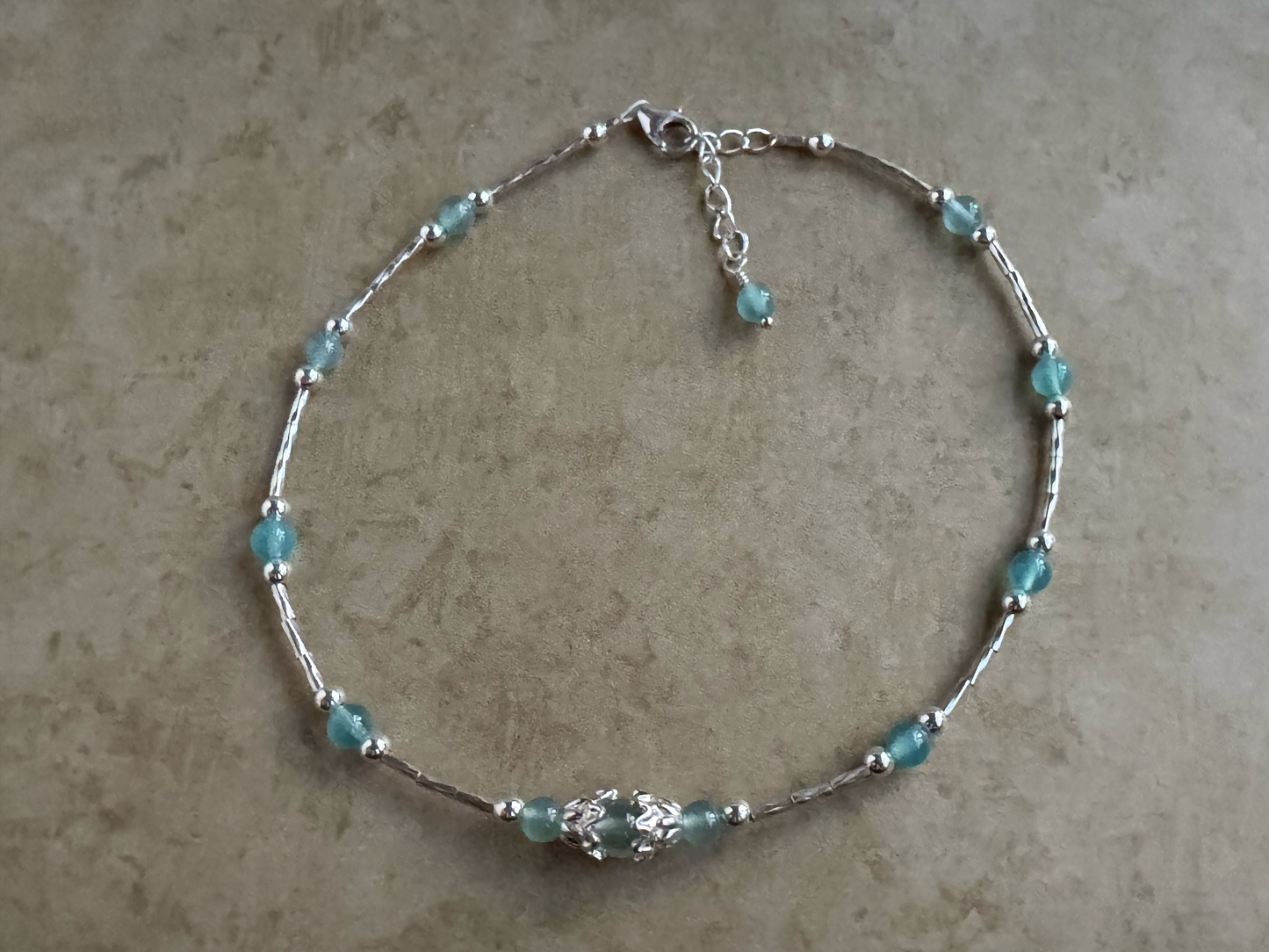 Sterling Silver Aqua Chalcedony Beaded Anklet