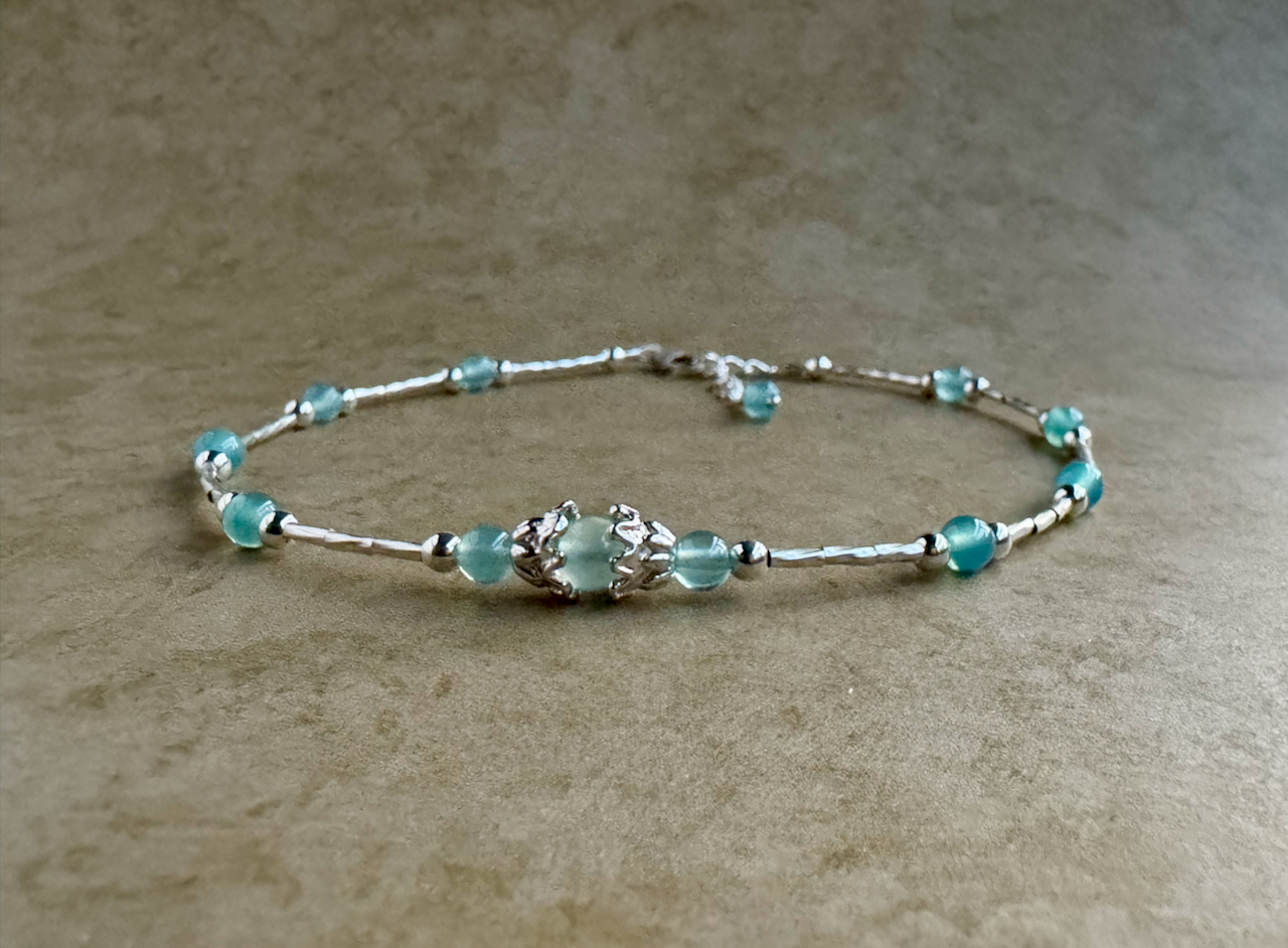 Sterling Silver Aqua Chalcedony Beaded Anklet