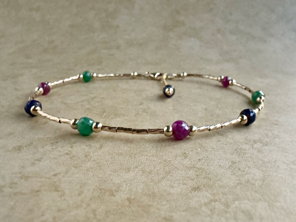 Gold-Filled Emerald, Ruby and Sapphire Beaded Anklet