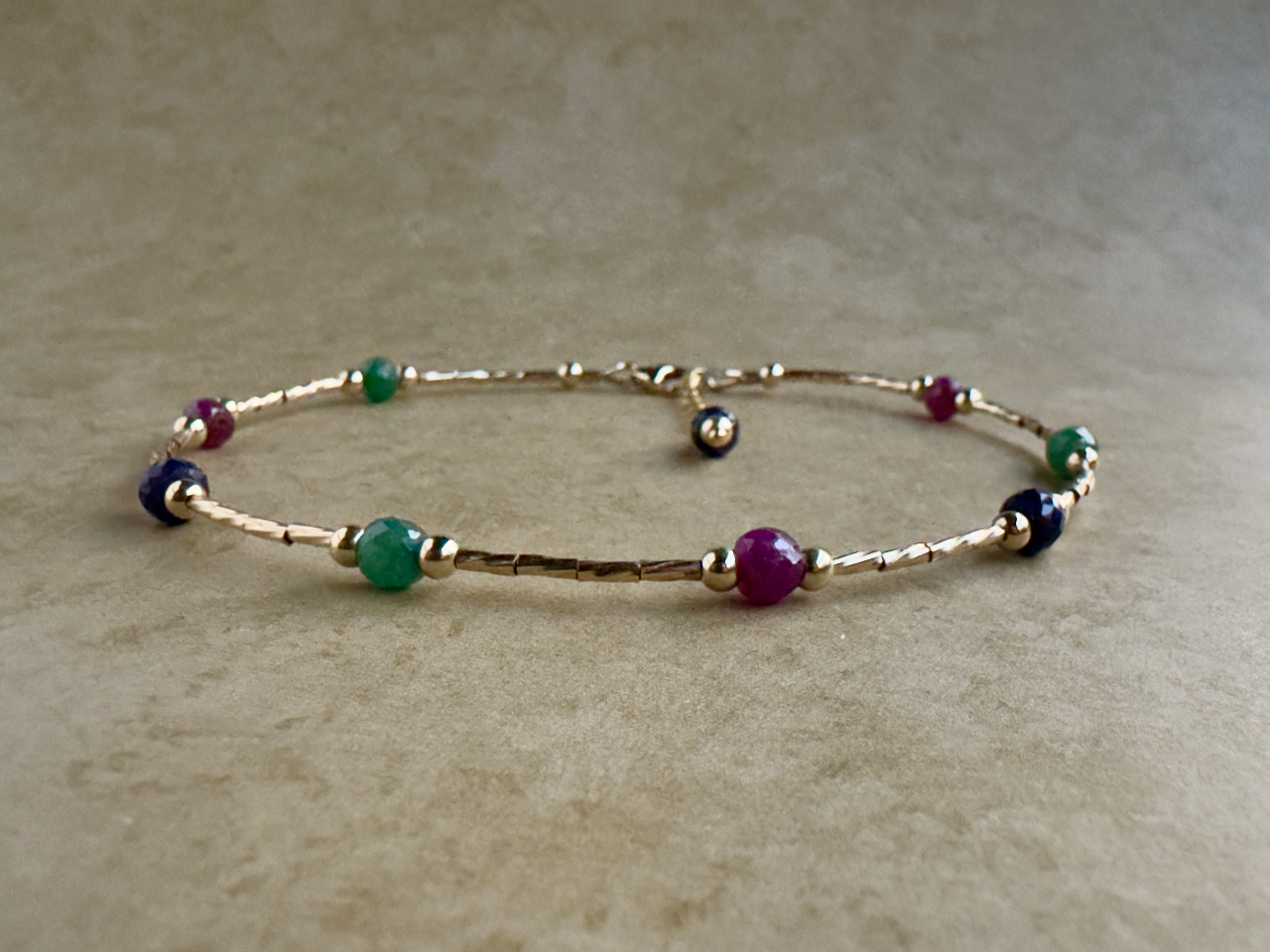 Gold-Filled Emerald, Ruby and Sapphire Beaded Anklet