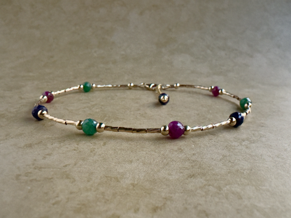 Gold-Filled Emerald, Ruby and Sapphire Beaded Anklet