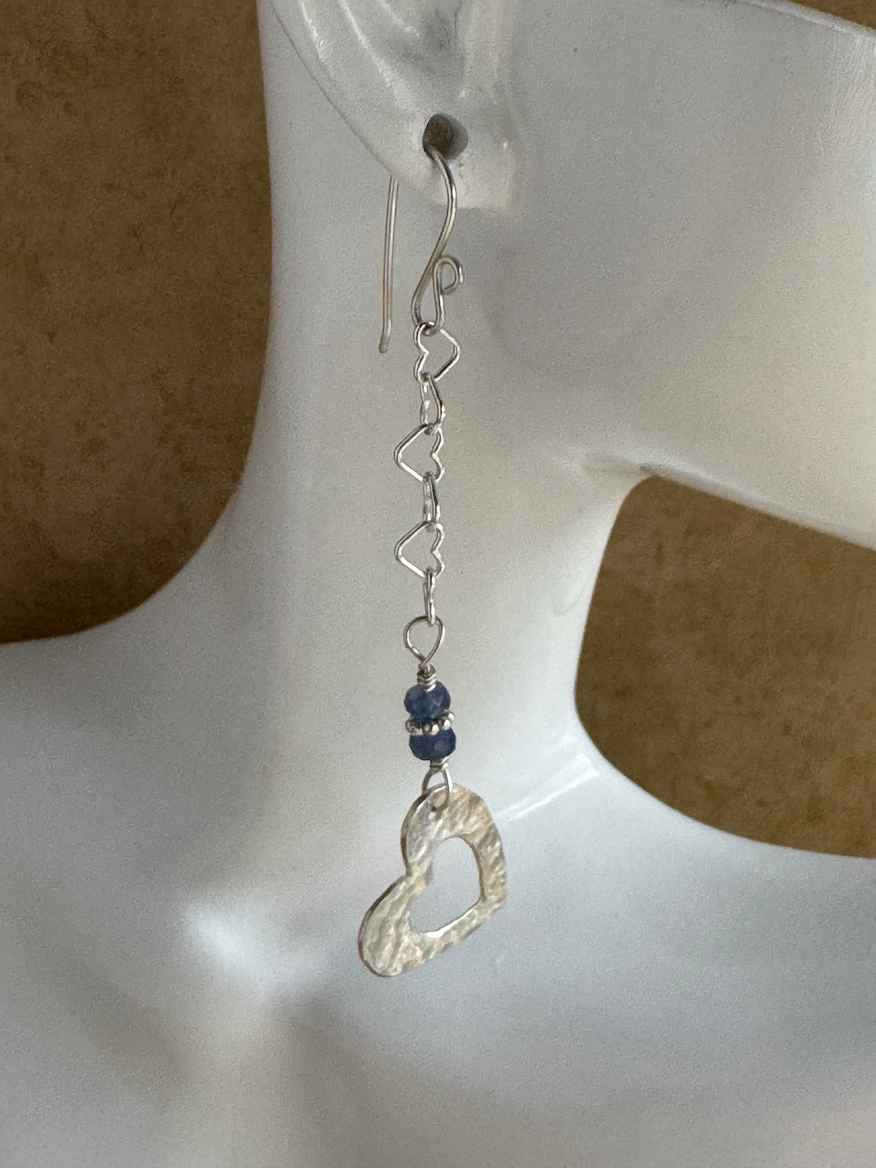 Fine Silver Open Heart with Sapphire and Sterling Silver Heart Chain Dangle Earrings