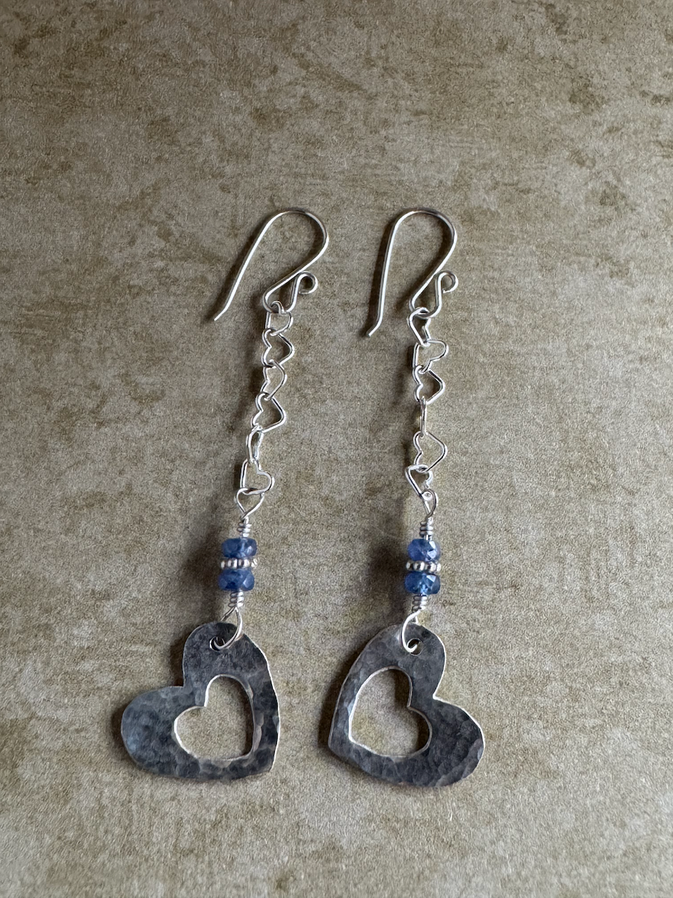 Fine Silver Open Heart with Sapphire and Sterling Silver Heart Chain Dangle Earrings