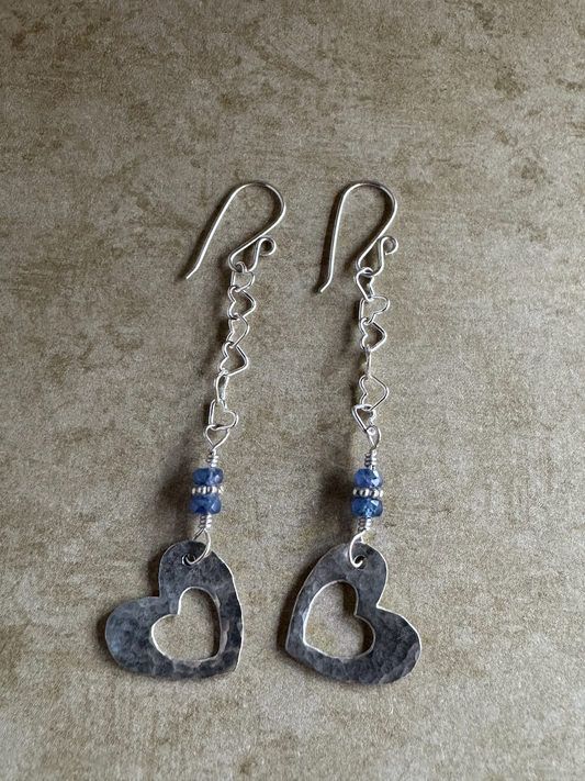Fine Silver Open Heart with Sapphire and Sterling Silver Heart Chain Dangle Earrings