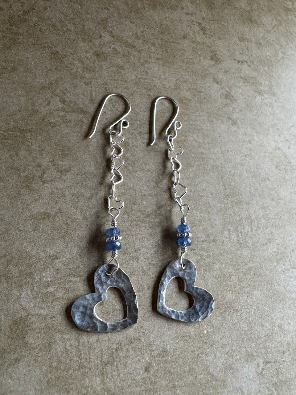 Fine Silver Open Heart with Sapphire and Sterling Silver Heart Chain Dangle Earrings