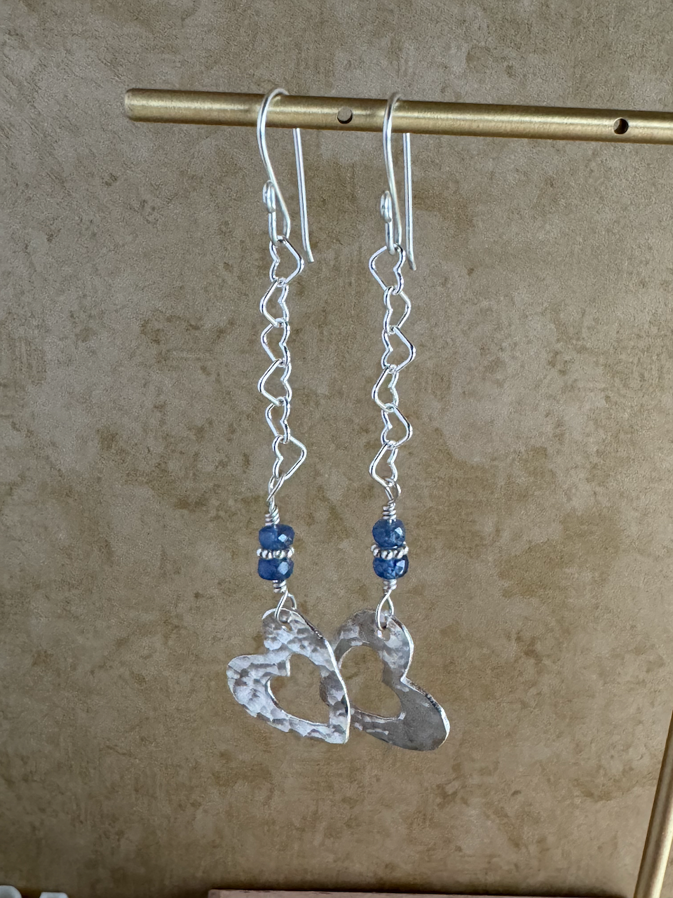 Fine Silver Open Heart with Sapphire and Sterling Silver Heart Chain Dangle Earrings