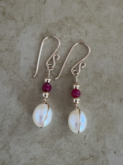 Gold-Filled Ruby Pearl Drop Earrings