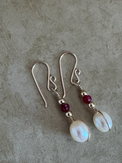 Gold-Filled Ruby Pearl Drop Earrings