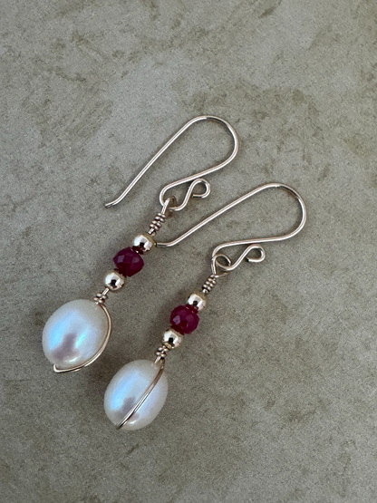 Gold-Filled Ruby Pearl Drop Earrings