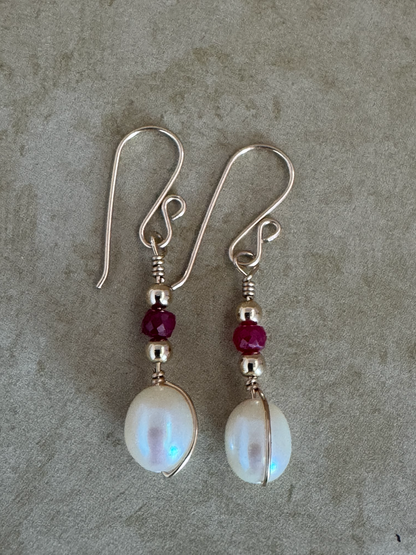 Gold-Filled Ruby Pearl Drop Earrings