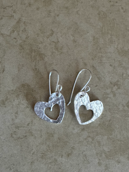 Fine Silver Open Heart Hammered Drops
