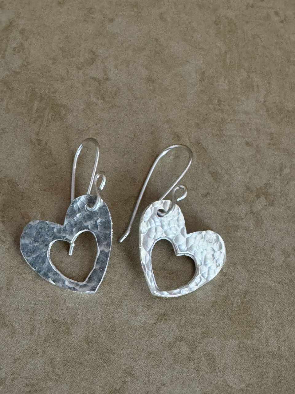 Fine Silver Open Heart Hammered Drops