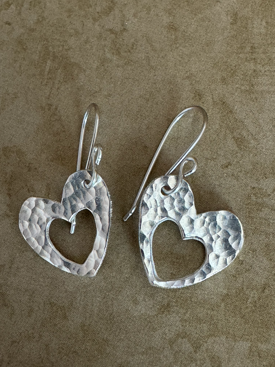 Fine Silver Open Heart Hammered Drops