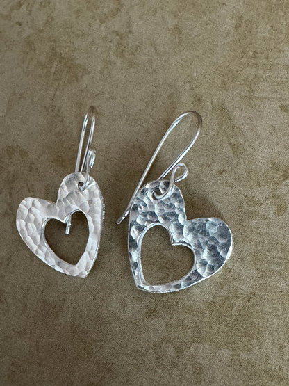 Fine Silver Open Heart Hammered Drops