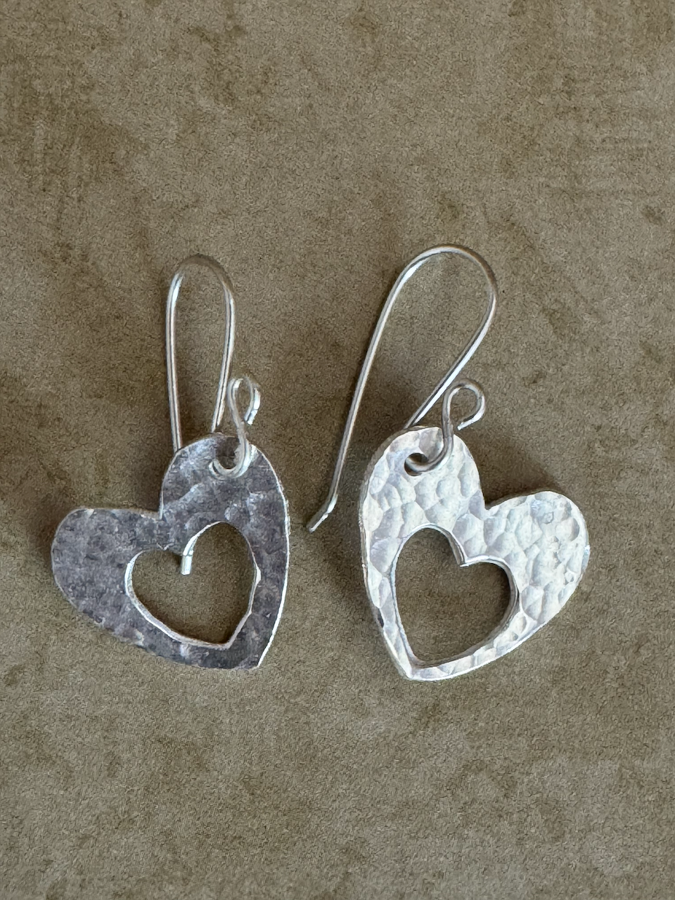 Fine Silver Open Heart Hammered Drops
