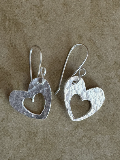 Fine Silver Open Heart Hammered Drops