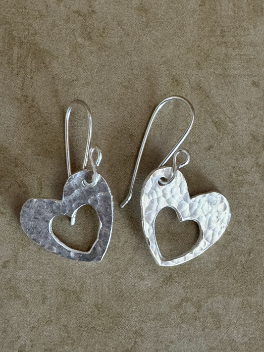 Fine Silver Open Heart Hammered Drops