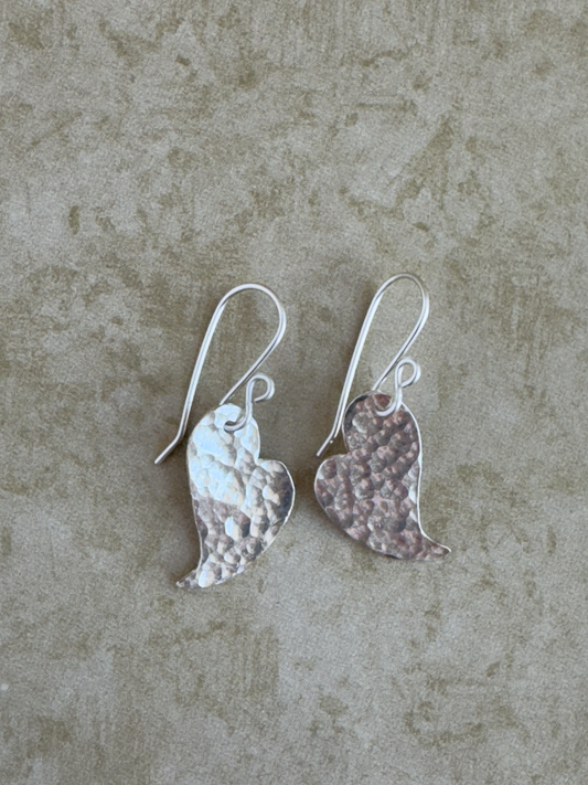 Fine and Sterling Silver Hammered Swirl Heart Drops