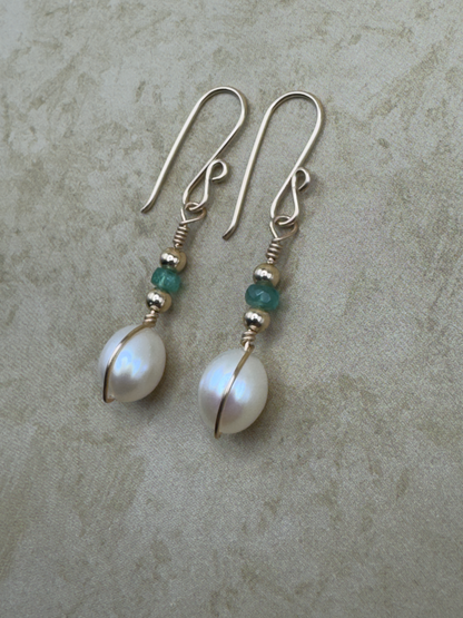 Gold-Filled Emerald Pearl Drop Earrings