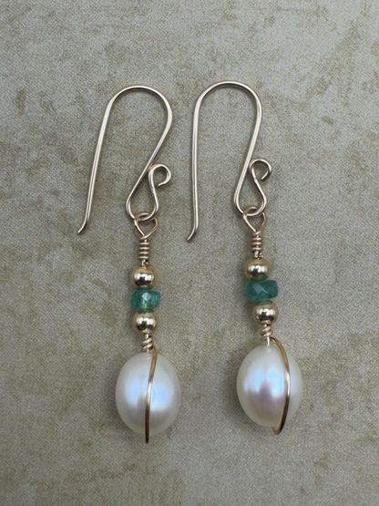 Gold-Filled Emerald Pearl Drop Earrings