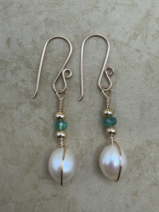 Gold-Filled Emerald Pearl Drop Earrings