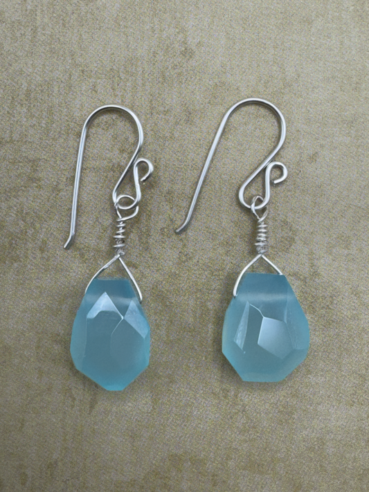 Sterling Silver Aqua Chalcedony Freeform Drop Earrings