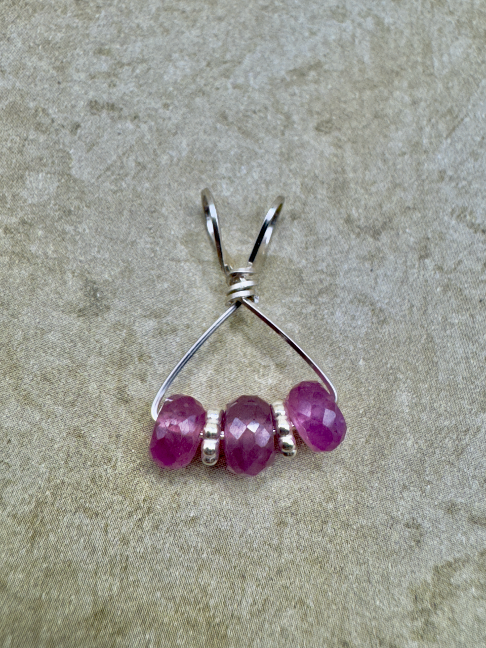 Sterling Silver 3 Stone Pink Sapphire Artisan Pendent